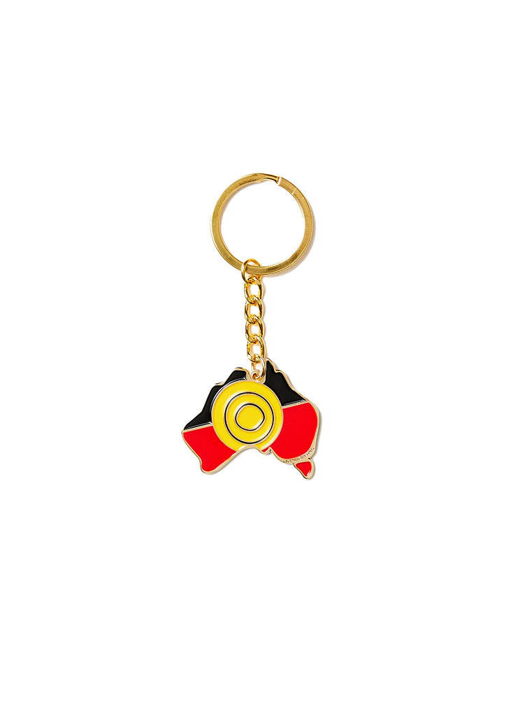 Clothing The Gaps. Keyring with gold chain and loop attached to black, yellow and red aboriginal flag colours shaped inside map of Australia with skinny gold outline.