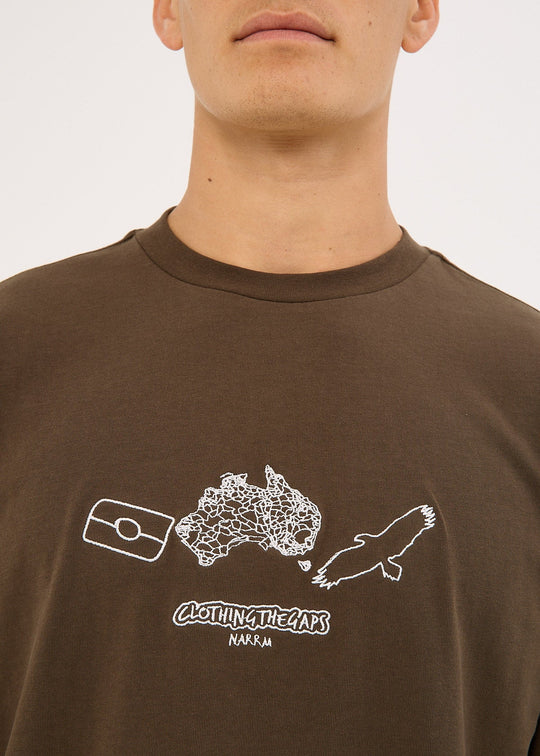 Clothing The Gaps Brown t-shirt with white embroidery graphic design on a plain background