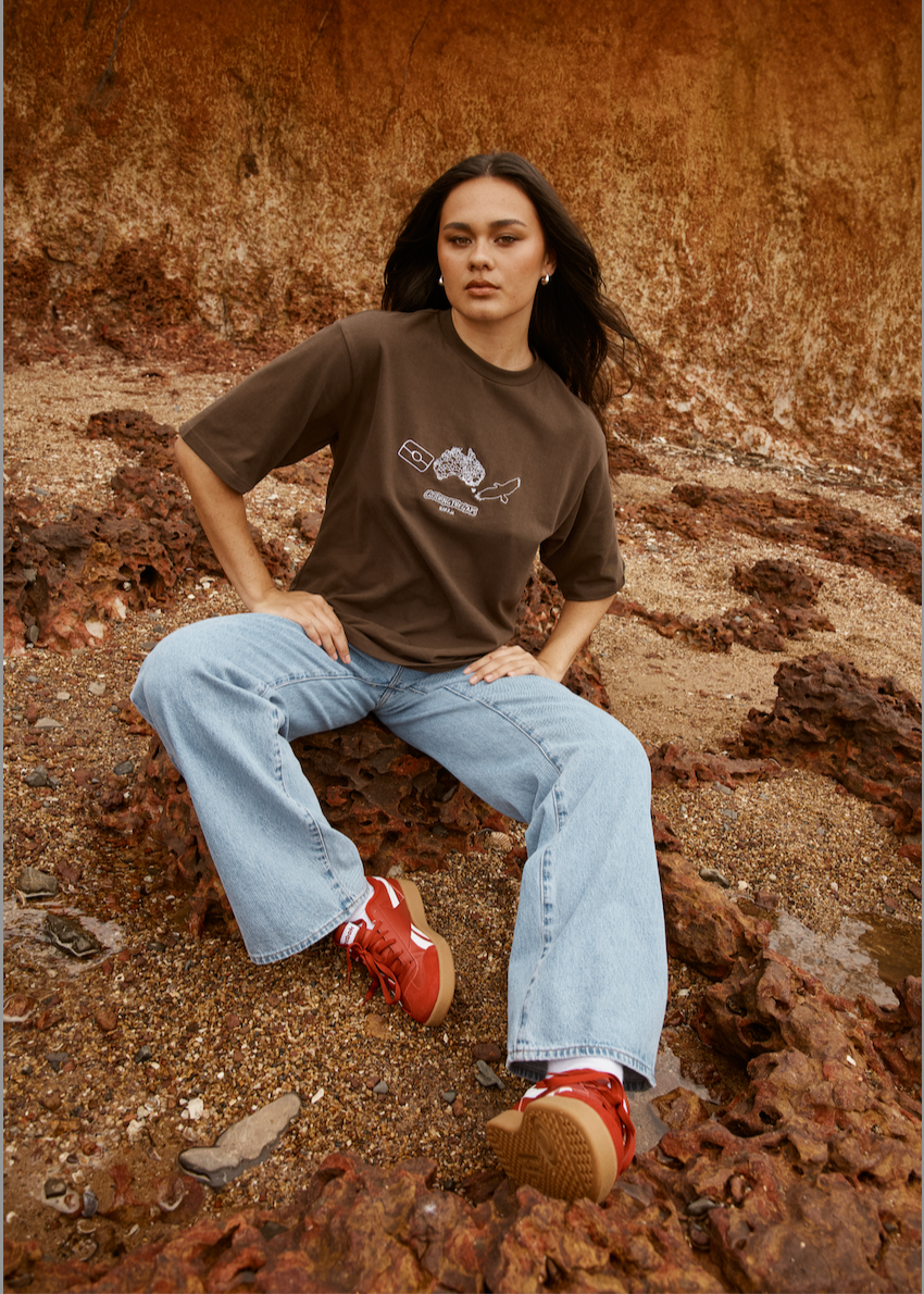 Clothing The Gaps Icon Tee Brown t-shirt and blue jeans sitting on a rocky surface.