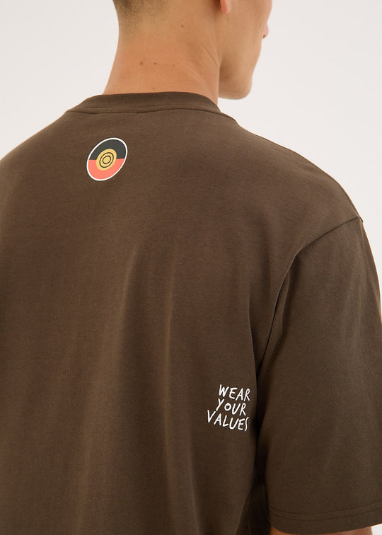 Clothing The Gaps Icon Tee Brown t-shirt with a circular design on the back and 'Wear Your Values' text on the sleeve.