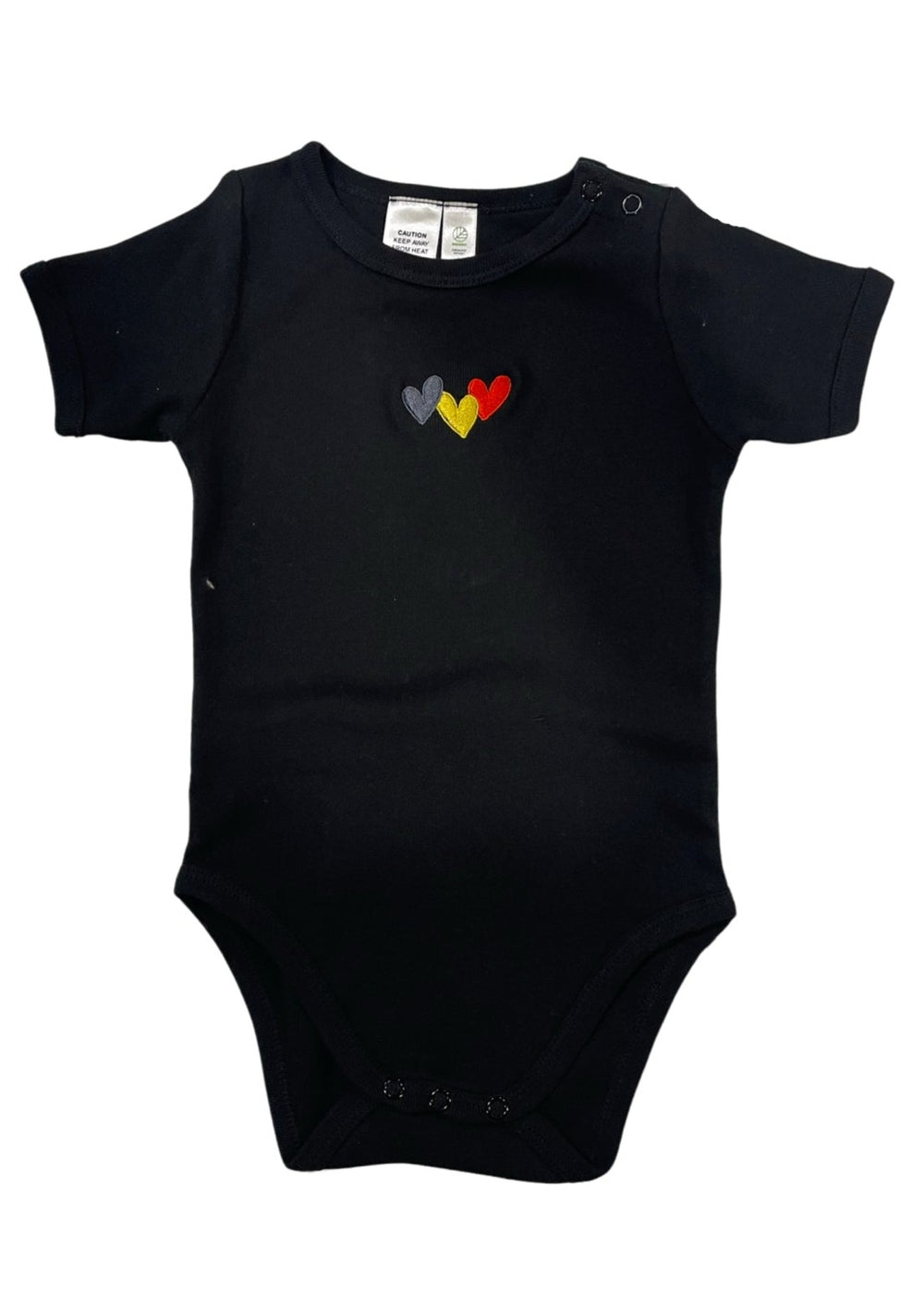 Clothing The Gaps. Blak Luv Bubup Baby Romper. Organic Cotton. All black with  Red, black and yellow hearts embroiled on front. Short sleeve, with clip buttons on left shoulder and on the bottom.