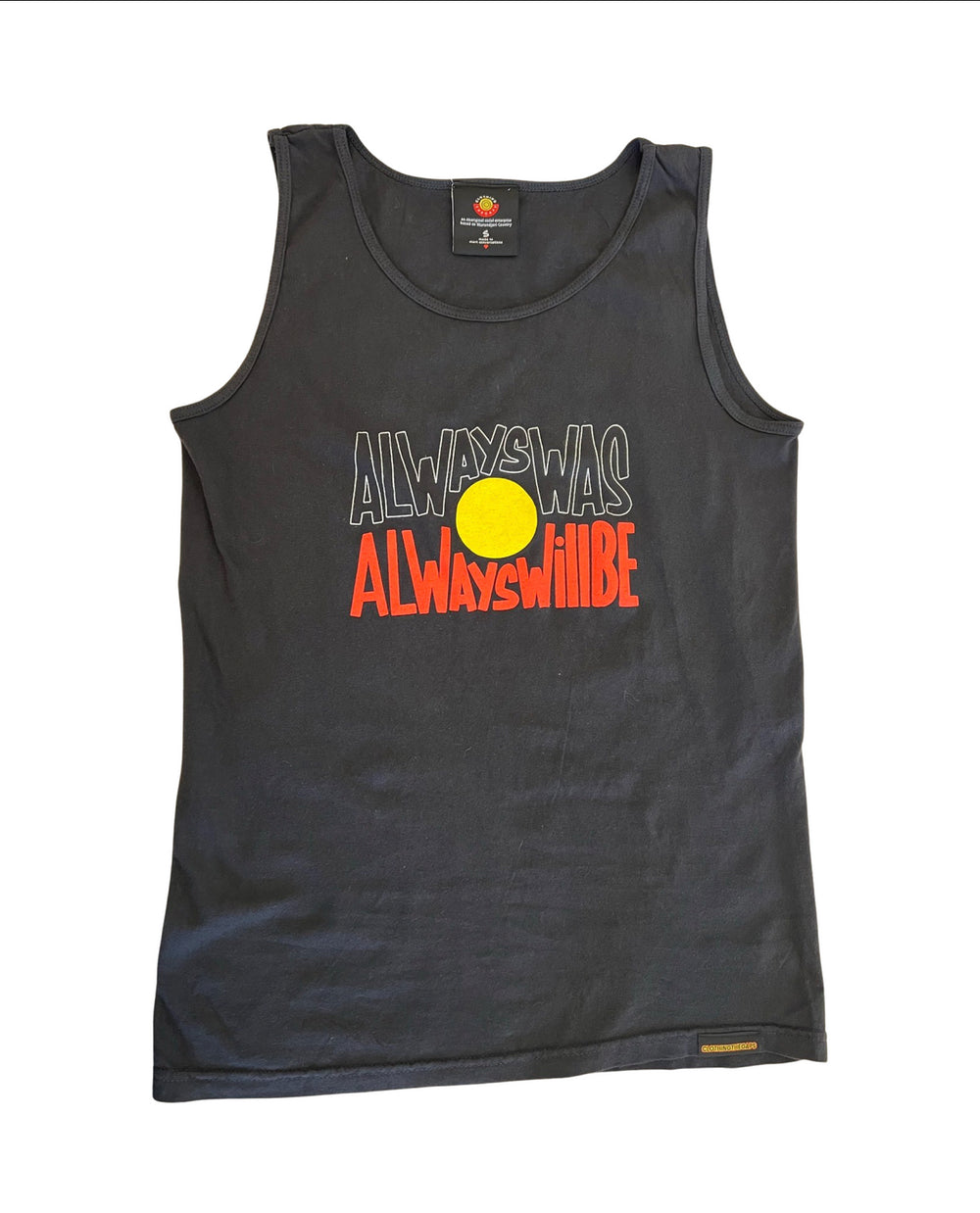 Clothing The Gaps. Chillin' 'Always Was, Always Will Be' Singlet. Vintage washed black singlet with Black, yellow and red 'always was always will be' text screen printed in centre.