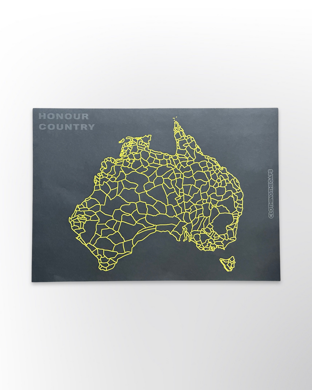 Clothing The Gaps. Decolonised Map Poster DIGITAL DOWNLOAD. Black background with bright yellow large decolonized map of Australia showing all 260 First Nations groups and 'Honour Country' in the top left corner in a grey.