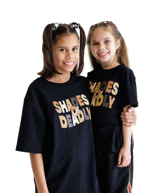 Clothing The Gaps. Kids Shades of Deadly Mob only T-shirt. Black T-shirt with 'Shades of Deadly' Screen printed on the front chest area with letters in different shades of brown and tan colours. 