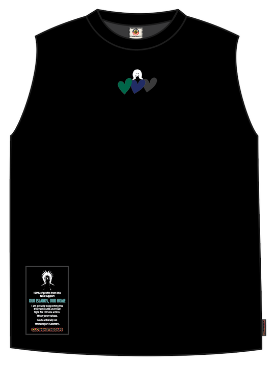 Clothing The Gaps. Our Islands Our Home Tank. All black tank with embroidered white Dhari on top of Green, Blue and Black hearts embroidered on front chest.