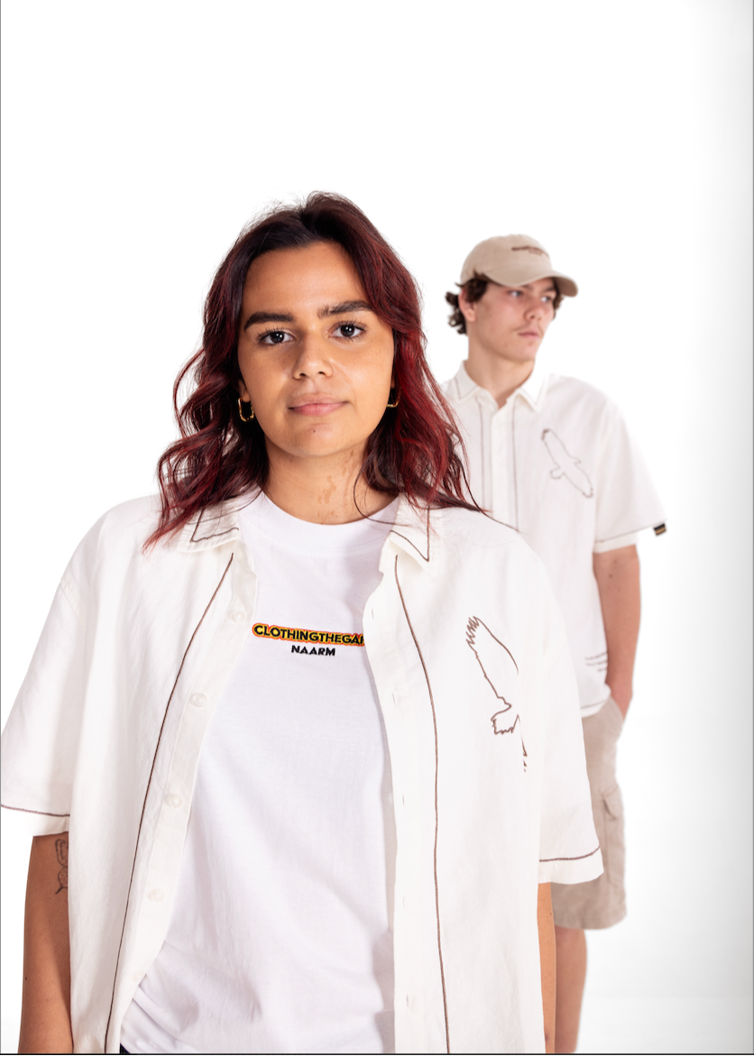 Two people wearing clothing the gaps spirit shorts with brand logos on a white background