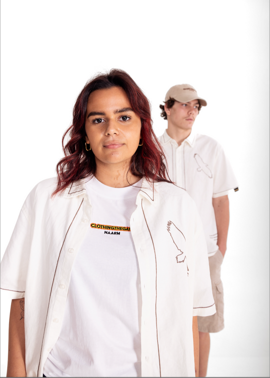 Two people wearing clothing the gaps spirit shorts with brand logos on a white background