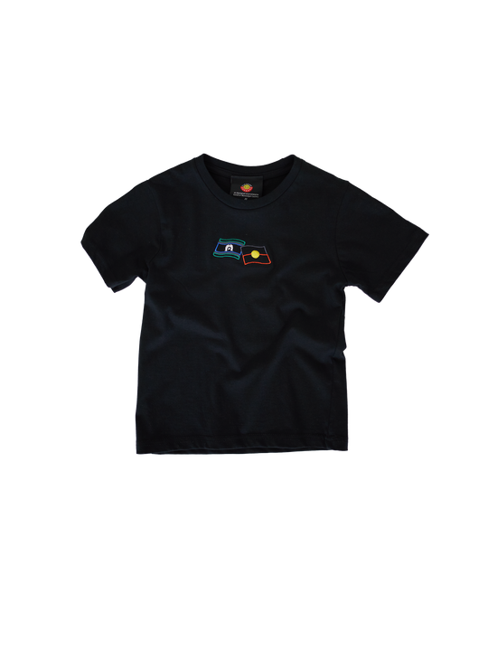 Clothing The Gaps. Kids First Nations Flags Tee. Black kids t-shirt with embroidered coloured Aboriginal and Torres Strait islander flag front and centre on tee.