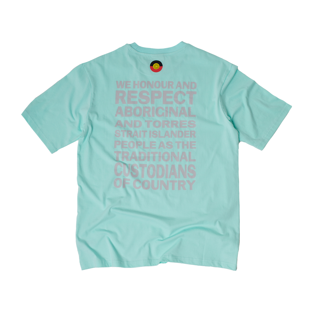 Clothing The Gaps. Mint Honour Country Tee. Light mint pastel green t-shirt with screen printed light grey bold capital text 'Honour and respect Aboriginal and Torres Strait Islander people as the rightful custodians of country.' The word 'Honour country' on the front in the same text and contrasting colour.