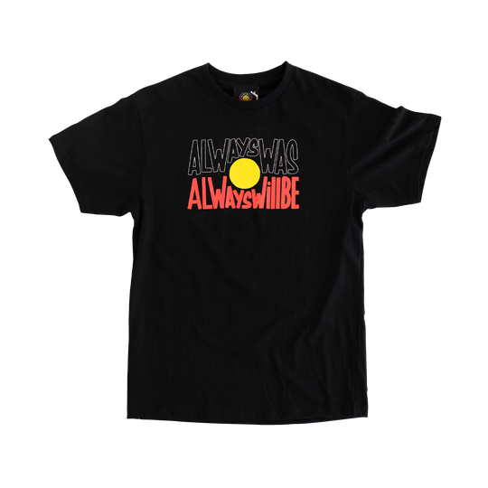 Clothing The Gaps. Black kids short sleeve T-shirt with Black, yellow and red 'always was always will be' text screen printed in centre.