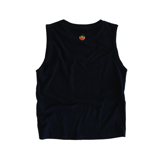 Clothing The Gaps. Our Islands Our Home Tank. All black tank with embroidered white Dhari on top of Green, Blue and Black hearts embroidered on front chest.