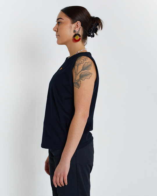 Clothing The Gaps. Blak Luv Tank. All black tank with  Red, black and yellow hearts embroiled on front.