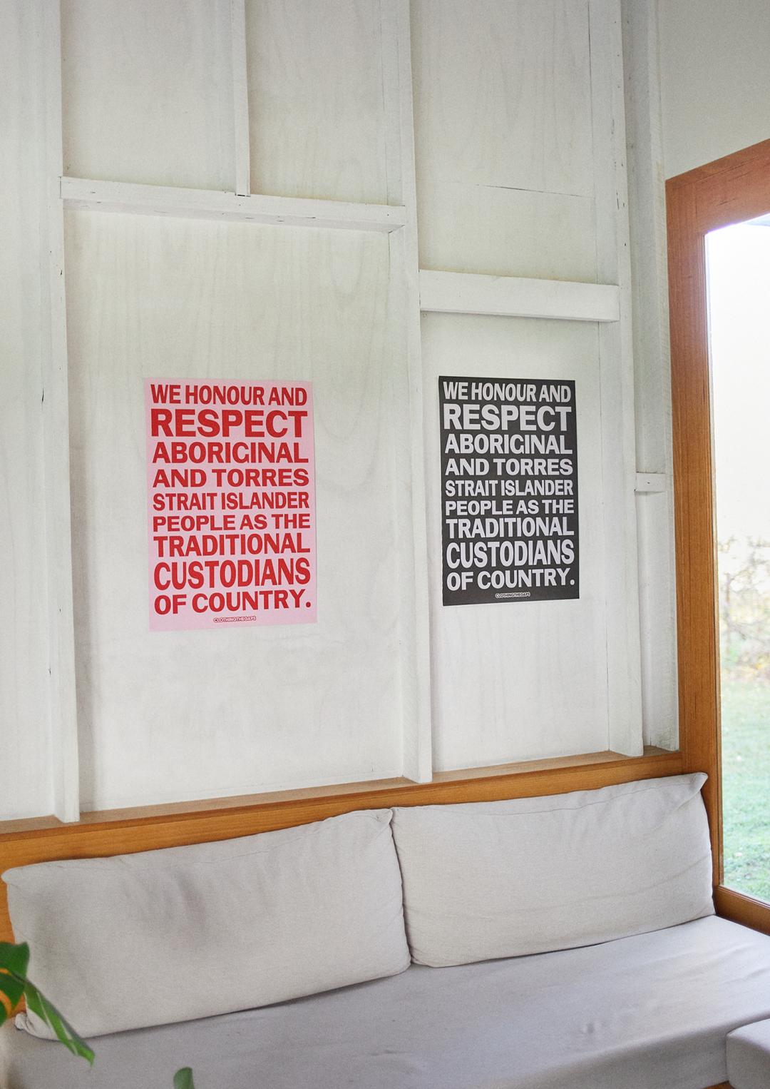 Clothing The Gaps. Honour Country Posters. Poster text 'Honour and respect Aboriginal and Torres Strait Islander people as the rightful custodians of country.' Available in Black/ White black background poster with white bold capital text and Pink/Red pink background background poster with red bold capital text.