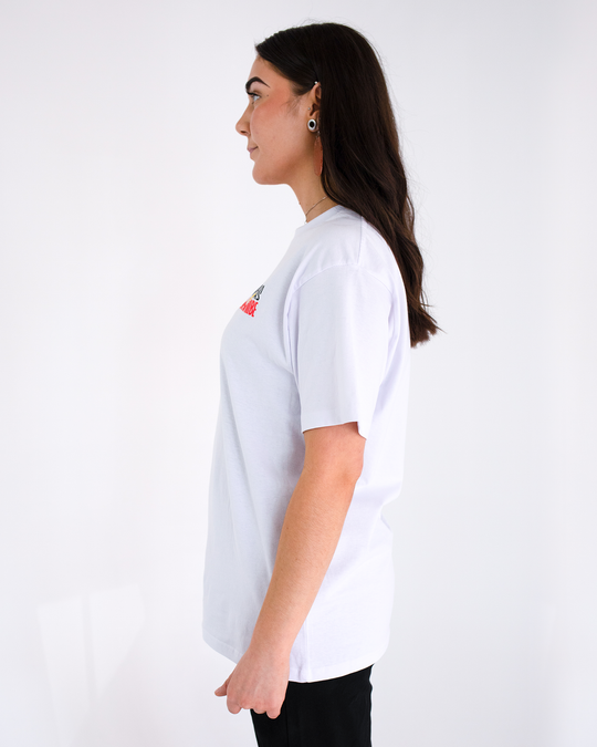 Clothing The Gaps. White 'Always Was, Always Will Be' Tee. White t-shirt. With a Black, yellow and red 'always was always will be' text screen printed in left corner pocket sized.