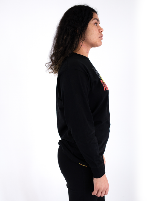 Clothing The Gaps. Black long sleeve T-shirt with Black, yellow and red 'always was always will be' text screen printed in centre.