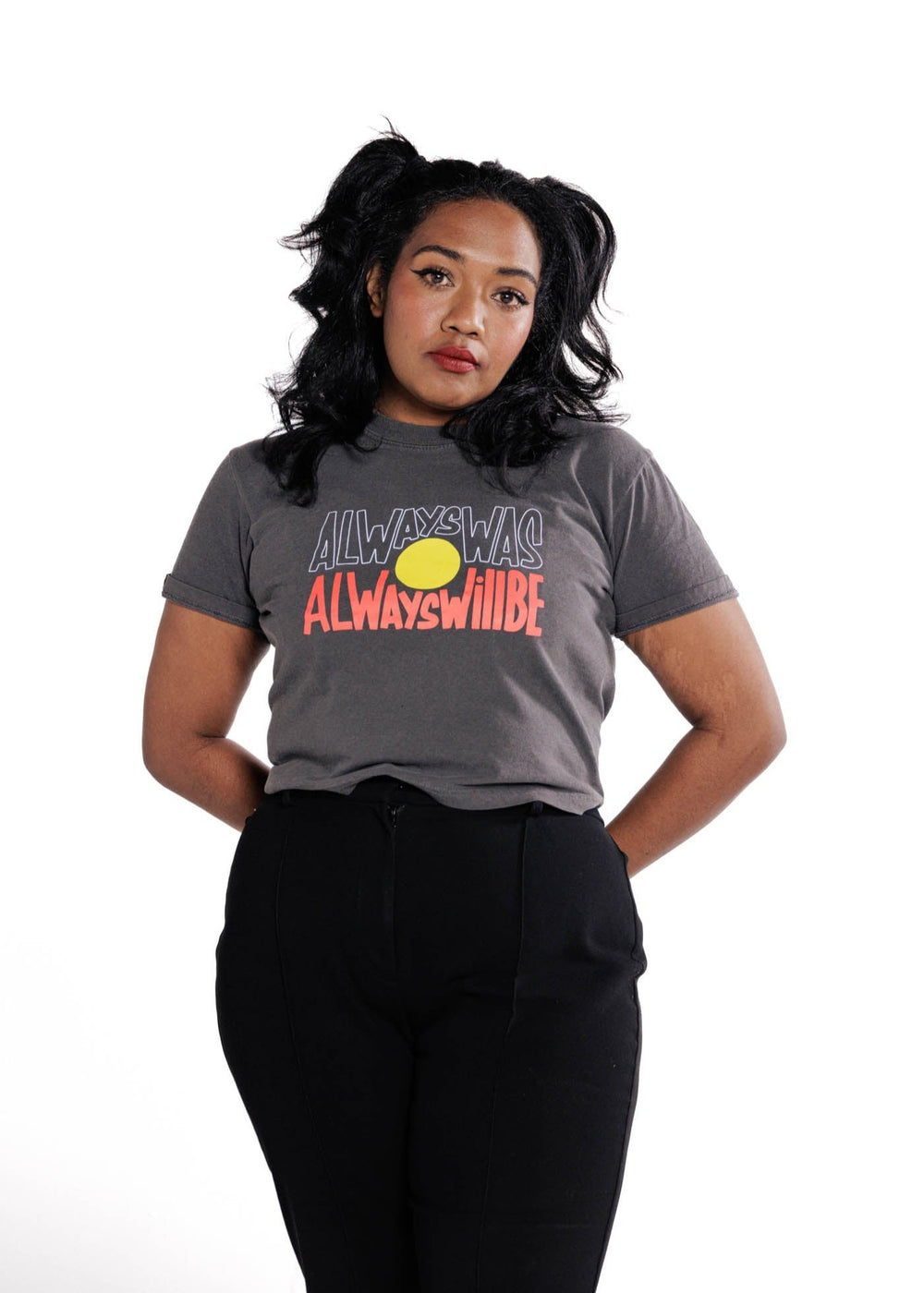 Clothing The Gaps. Vintage Crop Always Was Always Will Be Tee. Washed Grey cropped t-shirt with Black, yellow and red 'always was always will be' text screen printed in centre.