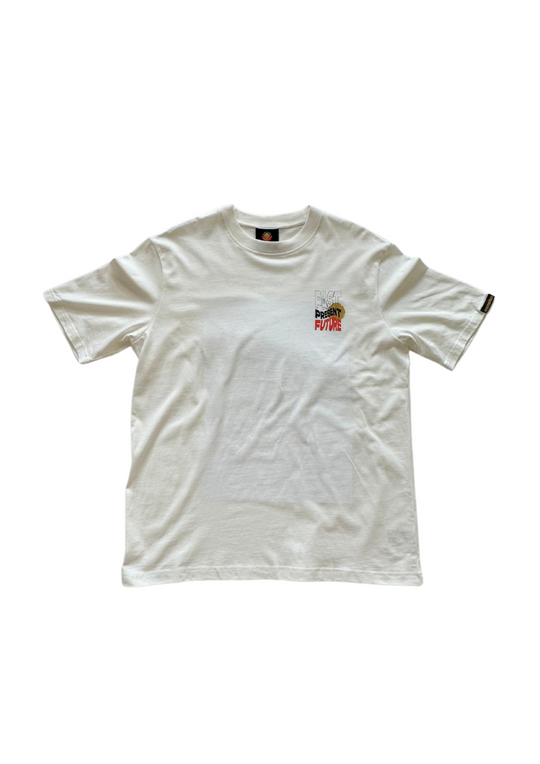 Clothing The Gaps. Past Present Future Tee. White tee with a small 'Past, Present, Future' pocket square on the front and large 'Past, Present , Future screen print back Black white and red with a yellow sun behind.
