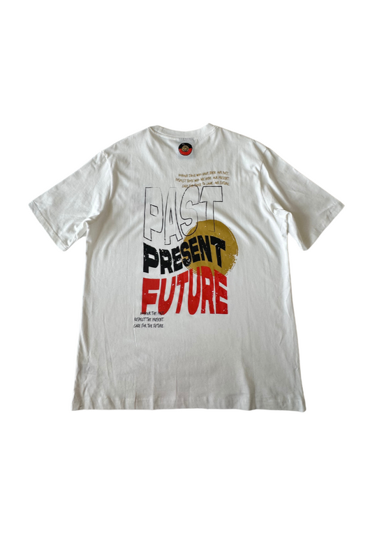 Clothing The Gaps. Past Present Future Tee. White tee with a small 'Past, Present, Future' pocket square on the front and large 'Past, Present , Future screen print back Black white and red with a yellow sun behind.