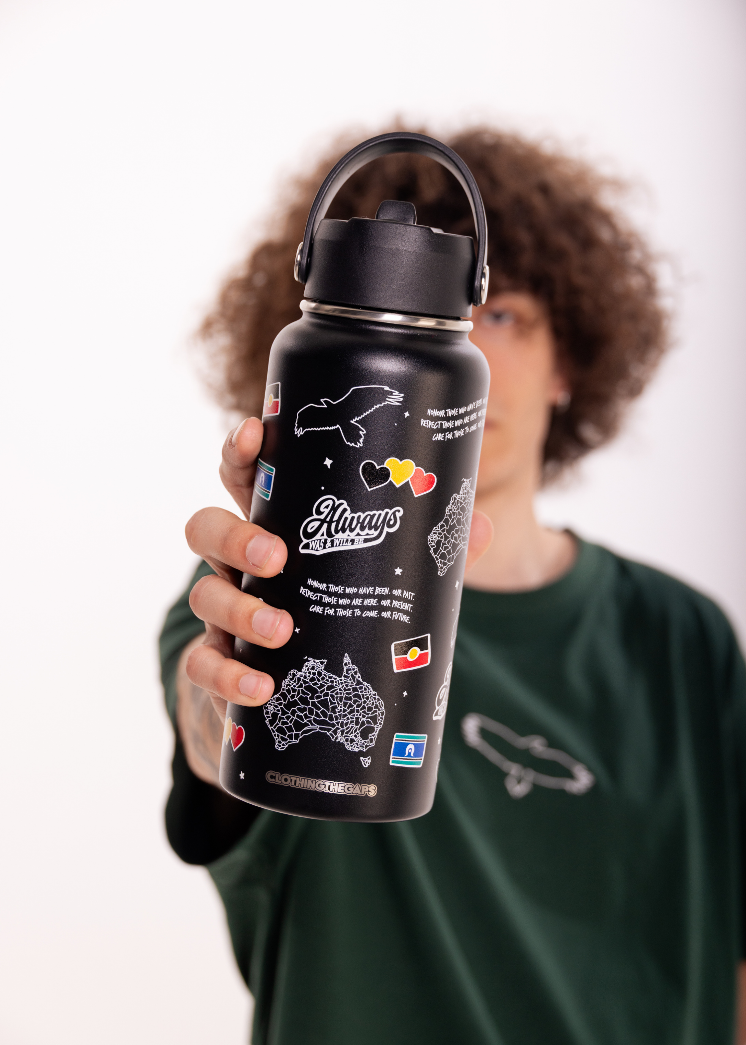 Icon stainless steel bottle, 946ml, with Bunjil, decolonised map and Always Was Always Will Be. Clothing The Gaps.