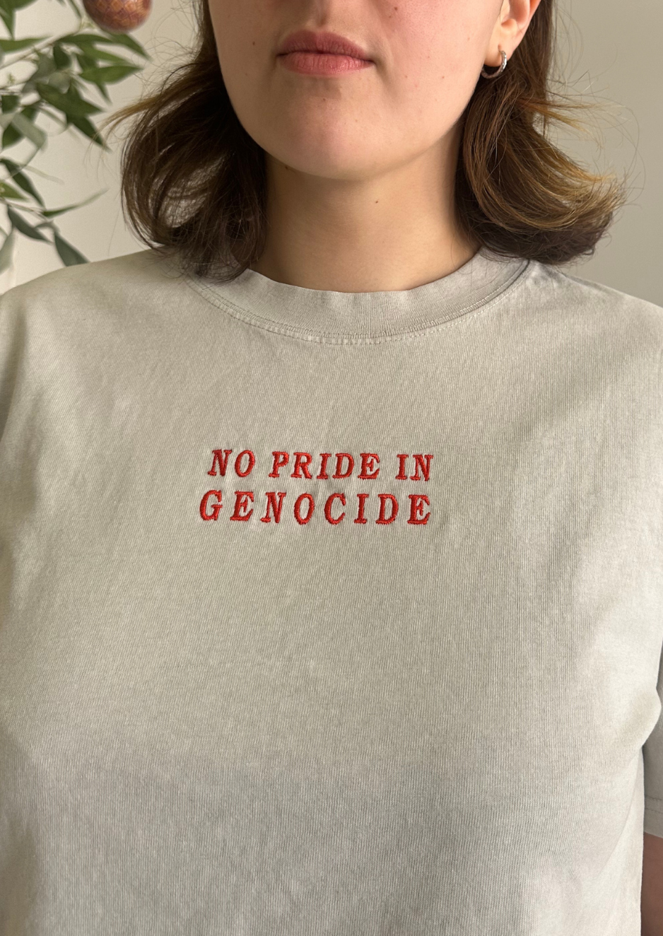 Clothing The Gaps. No Pride In Genocide Tee. Light grey cream t-shirt with 'No Pride In Genocide' embroidered in red all caps bold text on the front chest of t-shirt.
