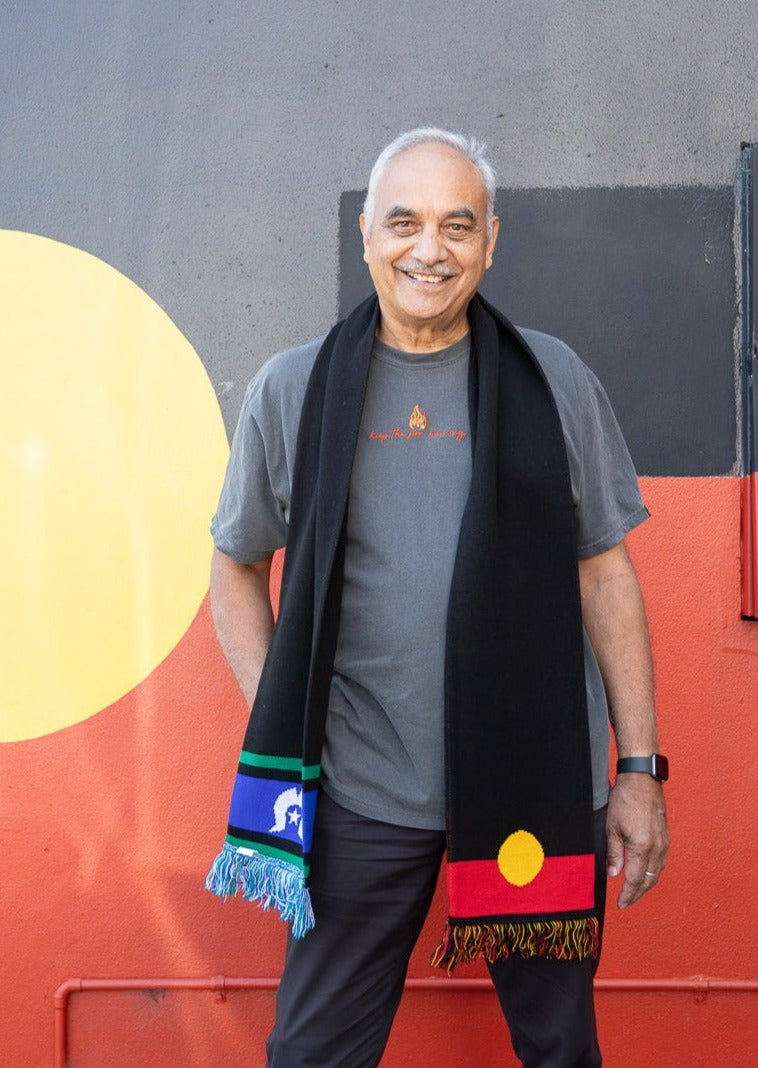 Aboriginal and Torres Strait Islander Flag Scarf Clothing The Gaps Clothing The Gaps keep the fire burning NAIDOC tee 2024