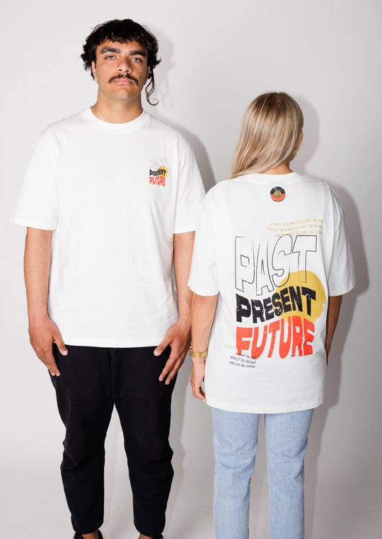 Clothing The Gaps. Past Present Future Tee. White tee with a small 'Past, Present, Future' pocket square on the front and large 'Past, Present , Future screen print back Black white and red with a yellow sun behind.