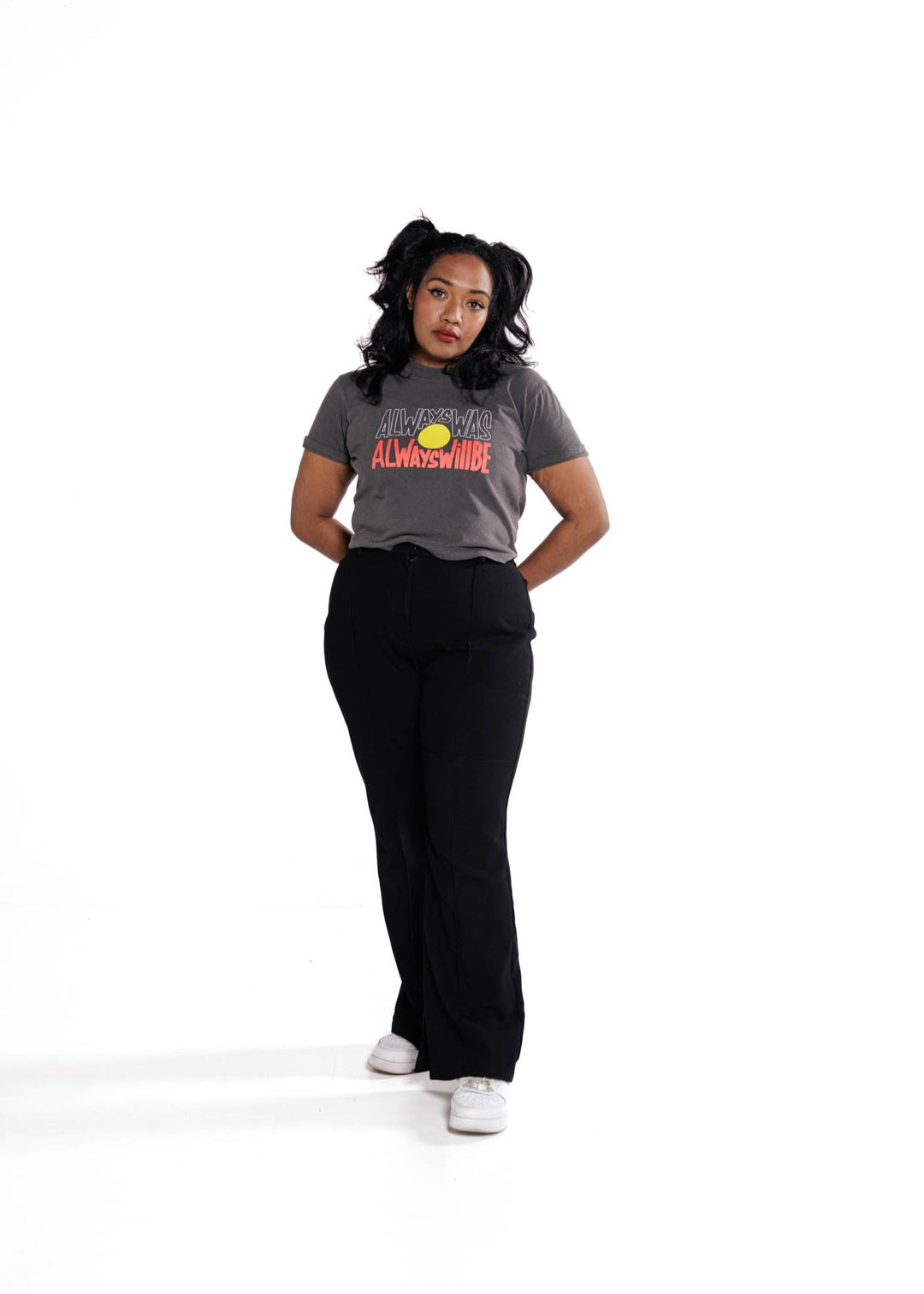 Clothing The Gaps. Aboriginal Flag Vintage Crop Always Was Always Will Be Tee. Washed Grey cropped t-shirt with Black, yellow and red 'always was always will be' text screen printed in centre.