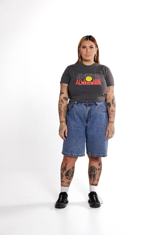 Clothing The Gaps. Aboriginal Vintage Crop Always Was Always Will Be Tee. Washed Grey cropped t-shirt with Black, yellow and red 'always was always will be' text screen printed in centre.