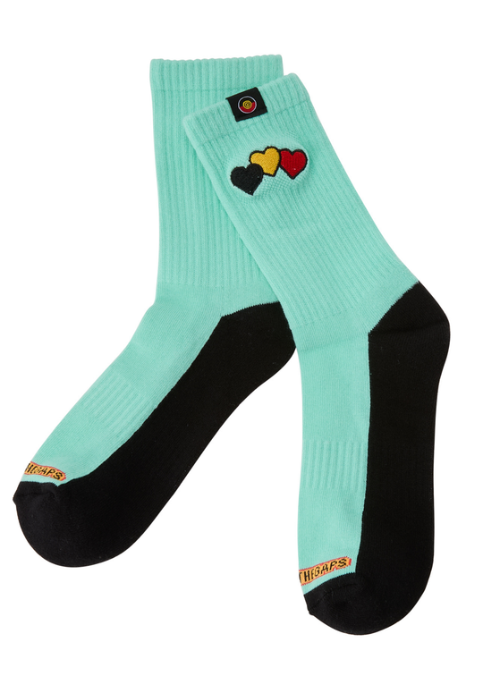 Light blue socks with colorful heart design and black toes and cuffs on a white background