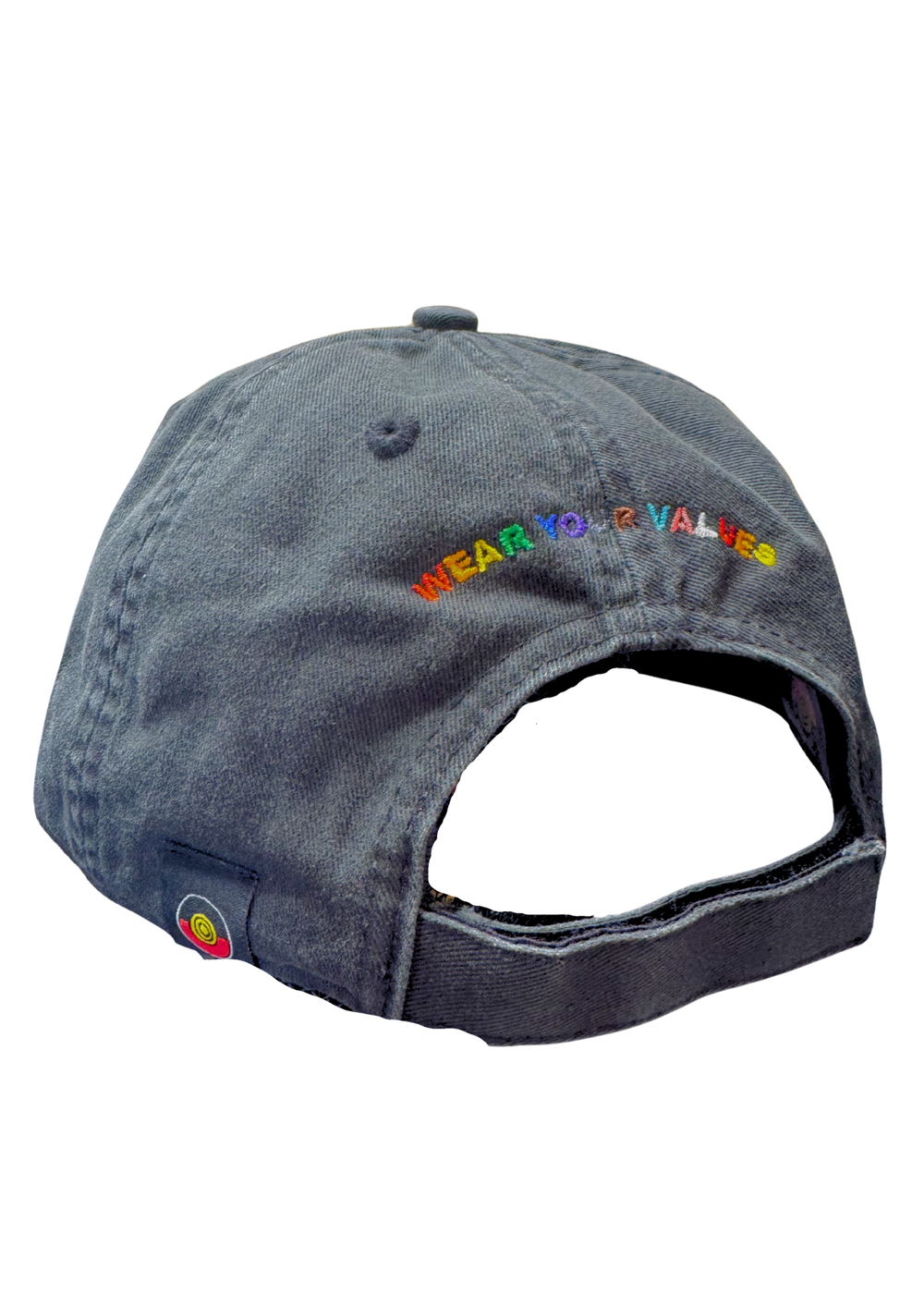 Back of Blak Rainbow cap with "Wear Your Values" embroidered in rainbow colours