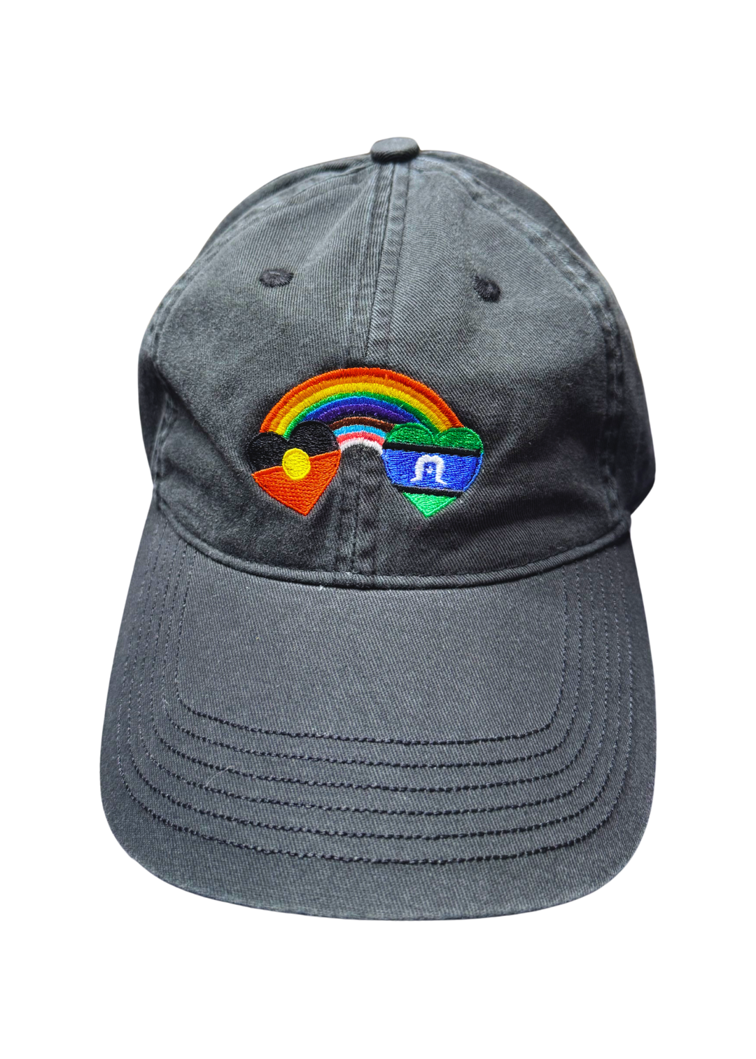 Faded black Blak Rainbow cap with embroidered rainbow design featuring the Aboriginal and Torres Strait Islander flags