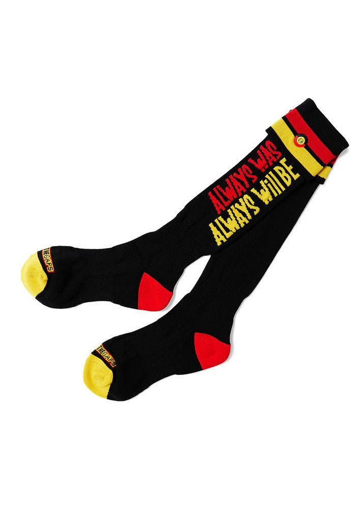 Clothing The Gaps. Team Power Socks. Long Footy knee high black footy socks. With 'Always was' on side of sock in red and 'Always will be' underneath in yellow. Red and yellow thick line near top of sock and clothing the gap logo embroidered in-betwen lines. 