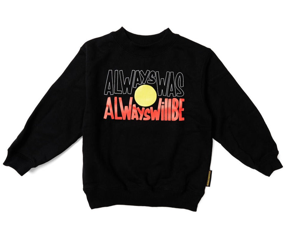 Clothing The Gaps. Black kids crew neck jumper with Black, yellow and red 'always was always will be' text screen printed in centre.