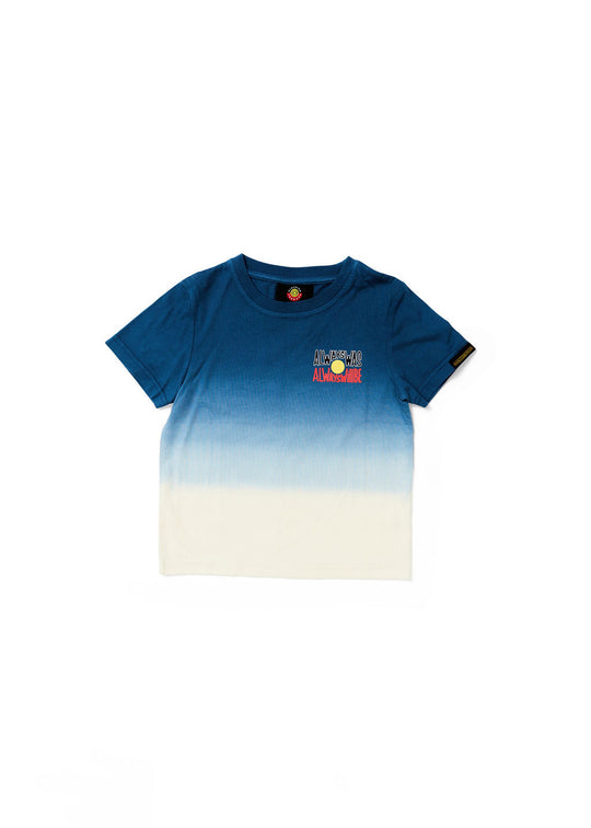 Clothing The Gaps. Kids Dip Dye 'Always Was, Always Will Be' Tee. Blue died t-shirt that fades down from the top of t-shirt to lighter blues then a cream white. With a Black, yellow and red 'always was always will be' text screen printed in left corner pocket sized.