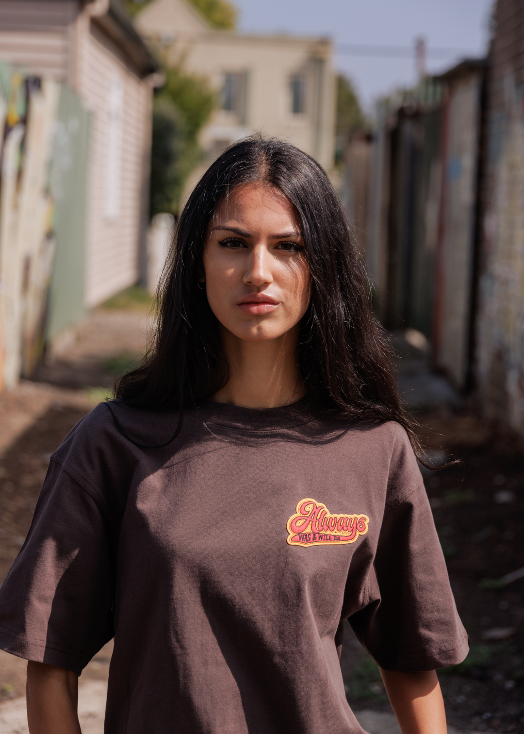 Clothing The Gaps Always Legacy Tee — Brown Oversized Retro Script Always Was Always Will Be First Nations Social Enterprise