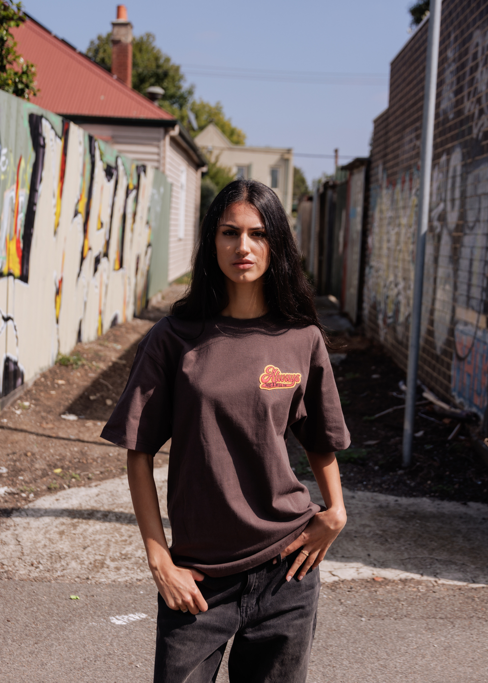Clothing The Gaps Always Legacy Tee Brown — Retro Script Always Was Always Will Be Chest Print First Nations Social Enterprise
