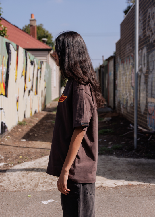 Clothing The Gaps Always Legacy Tee Brown — Retro Yellow Red Script Always Was Always Will Be First Nations Social Enterprise