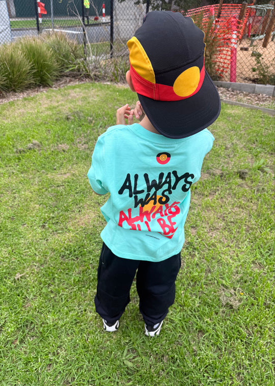 Clothing The Gaps Aqua Kids Aboriginal Flag Tee — Always Was Always Will Be Sovereignty 65000 Years First Nations Owned Narrm