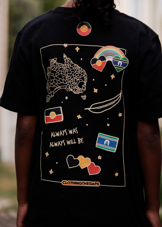 Clothing The Gaps Black Bunjil Icon Kids Tee — Bunjil Wedge Tailed Eagle Aboriginal Flag Little Change Makers First Nations Owned