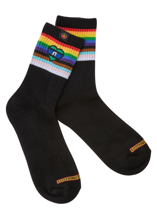 Black socks with rainbow striped cuffs on a white background TSI heart
