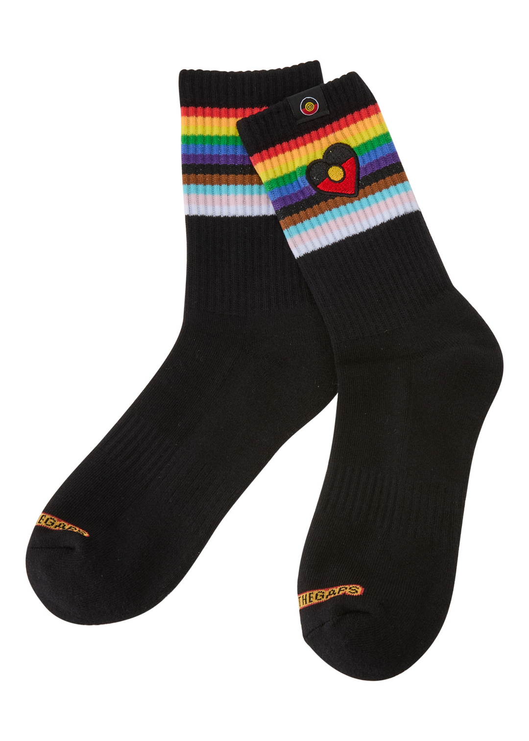 Black socks with rainbow striped cuffs and heel on a white background