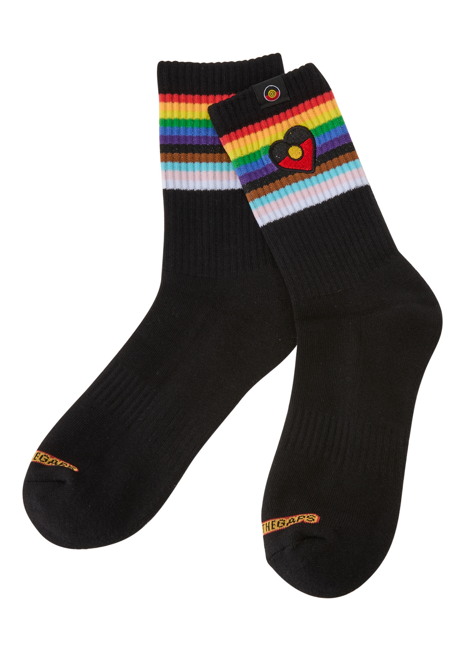 Black socks with rainbow striped cuffs and heel on a white background