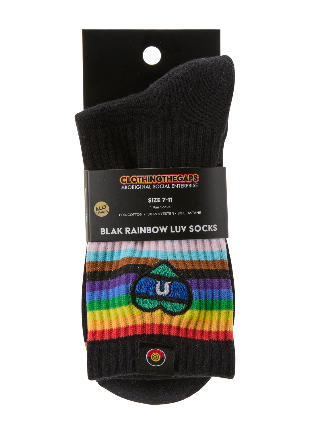 Black socks with rainbow pattern in Clothing The Gaps brand packaging on a white background