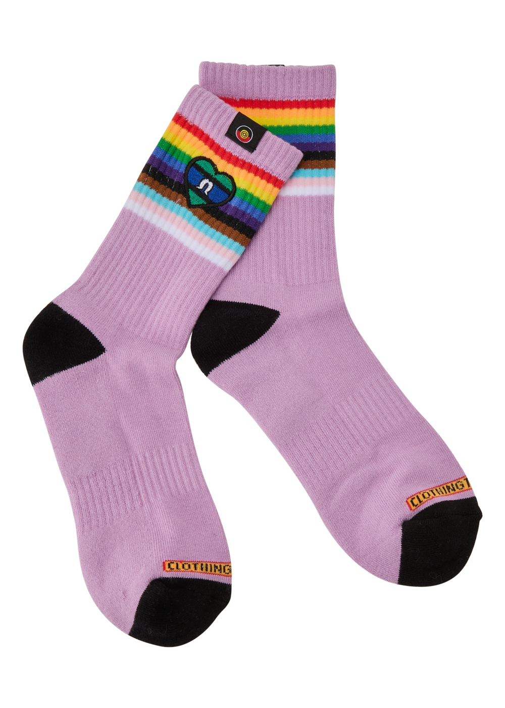 Purple socks with rainbow band and black toes on a white background and TSI flag in heart design 