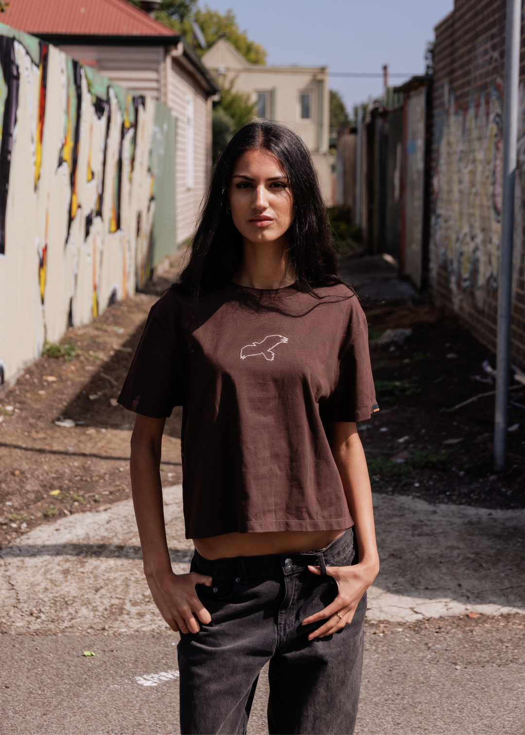 Clothing The Gaps Brown Bunjil Icon Tee — Embroidered Bunjil Wedge Tailed Eagle Kulin Nation Honour Country Past Present Future