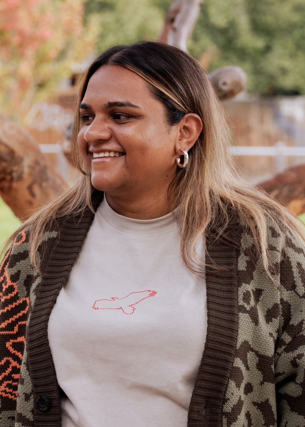Clothing The Gaps Bunjil Dreaming Grey Tee — Red Bunjil Embroidery Kulin Nation Past Present Future 100% Cotton First Nations Social Enterprise
