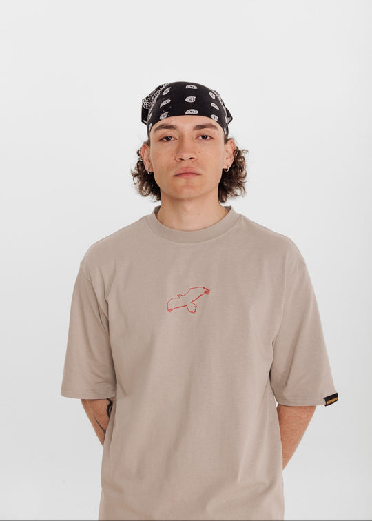 Clothing The Gaps Bunjil Dreaming Grey Tee — Red Embroidered Bunjil Past Present Future Kulin Nation First Nations Social Enterprise Narrm
