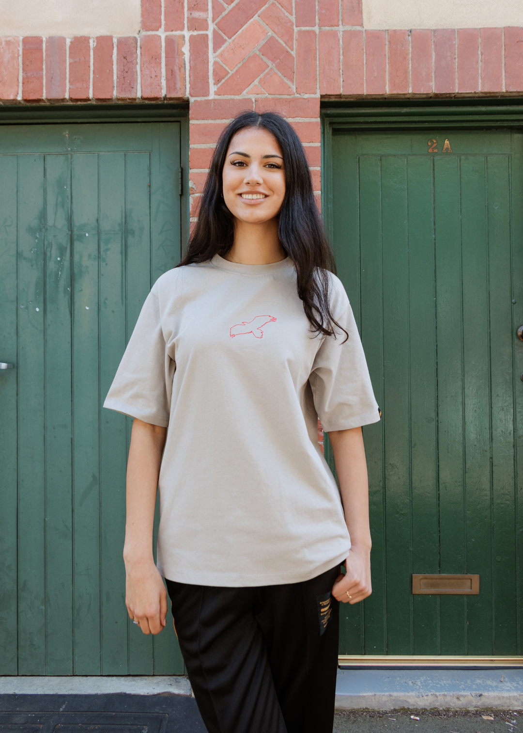 Clothing The Gaps Bunjil Dreaming Grey Tee — Red Embroidered Bunjil Past Present Future Kulin Nation First Nations Social Enterprise Narrm
