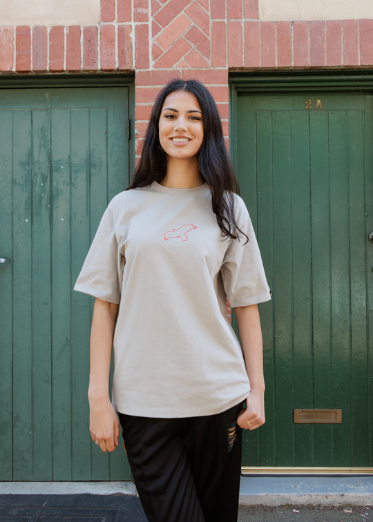Clothing The Gaps Bunjil Dreaming Grey Tee — Red Embroidered Bunjil Past Present Future Kulin Nation First Nations Social Enterprise Narrm
