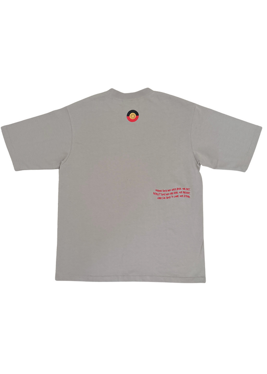 Clothing The Gaps Bunjil Dreaming Grey Tee — Red Embroidered Bunjil Past Present Future Kulin Nation First Nations Social Enterprise Narrm
